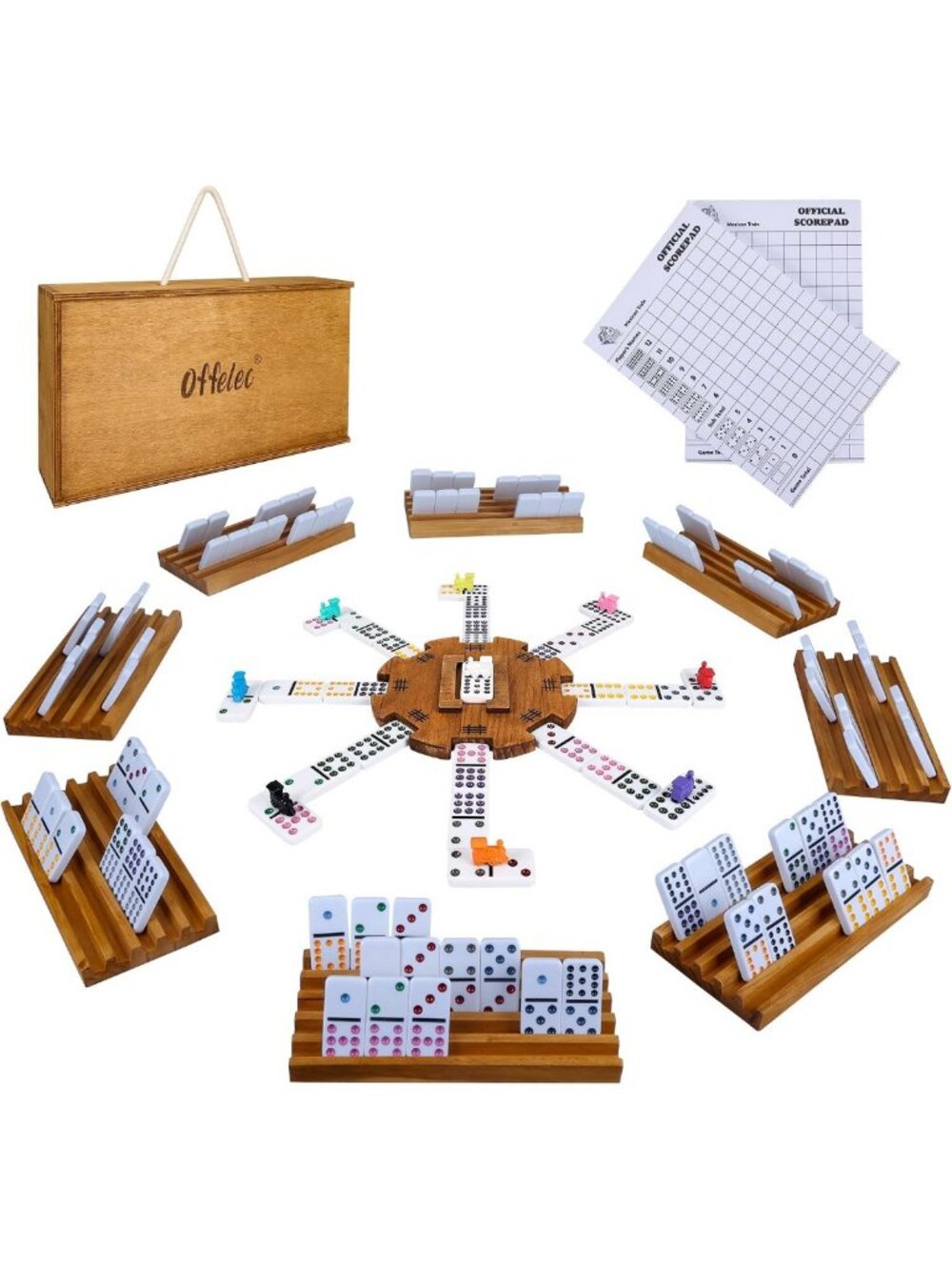 Mexican Train Dominoes Set - Double 12 with 8 Holders, 91 Colored Tiles & Wooden